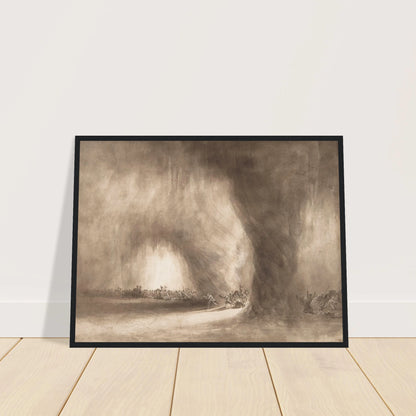 Small figures face a towering storm cloud in a sepia-toned landscape of wind and light.
