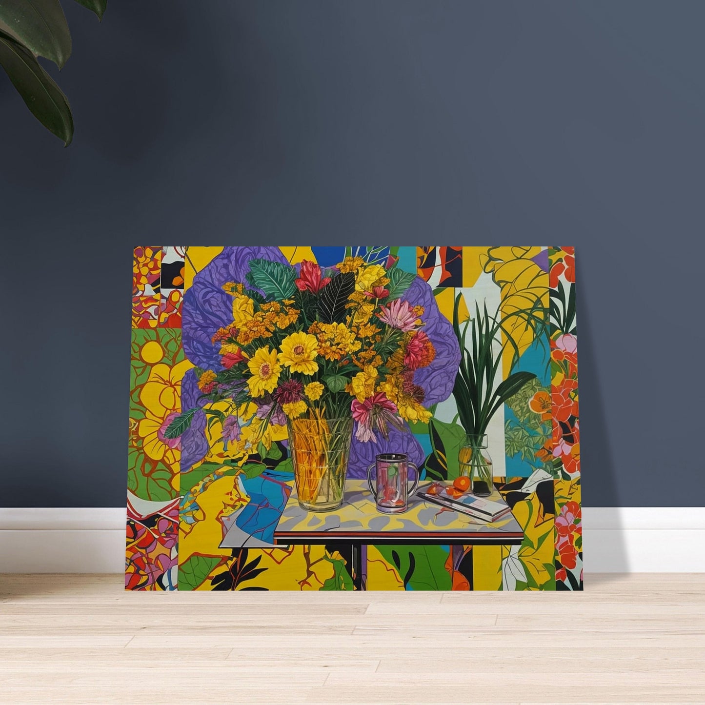 A vibrant painting featuring a bouquet of yellow, pink, and red flowers in a clear glass vase placed on a table. The background is filled with colorful and abstract patterns, enhancing the lively and energetic feel of the artwork. On the table, there is also a glass mug and a small plate with oranges, adding more elements to this dynamic composition.