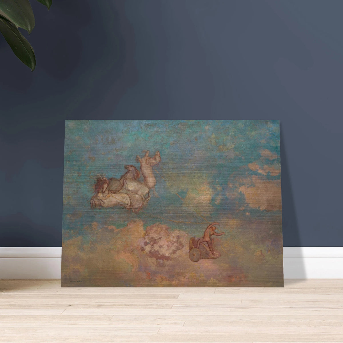 Apollo drives a chariot pulled by horses through a dreamy blue sky with soft clouds and pastel light.
