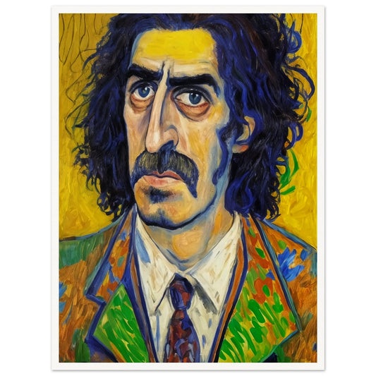 A vibrant portrait of a man with deep-set eyes and thick mustache, framed by wild dark hair. His colorful, patterned suit contrasts with a vivid yellow background.