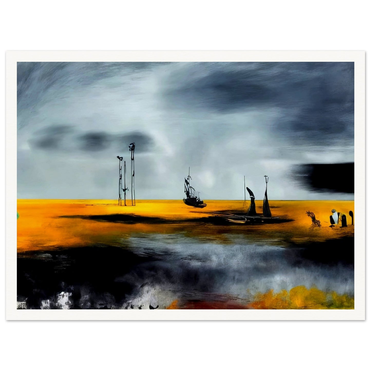 Surreal painting of a golden seascape with dark, dramatic clouds, featuring boats and abstract structures against a vivid sky.