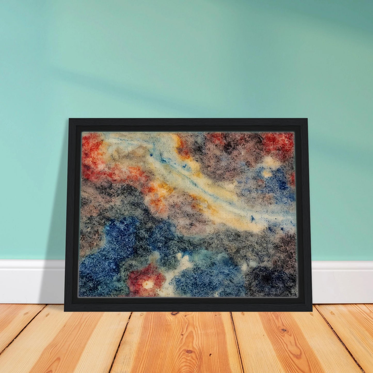 An abstract composition of swirling blue, gray, cream, and crimson textures resembling a distant nebula or galaxy, with organic patterns and flowing celestial forms.