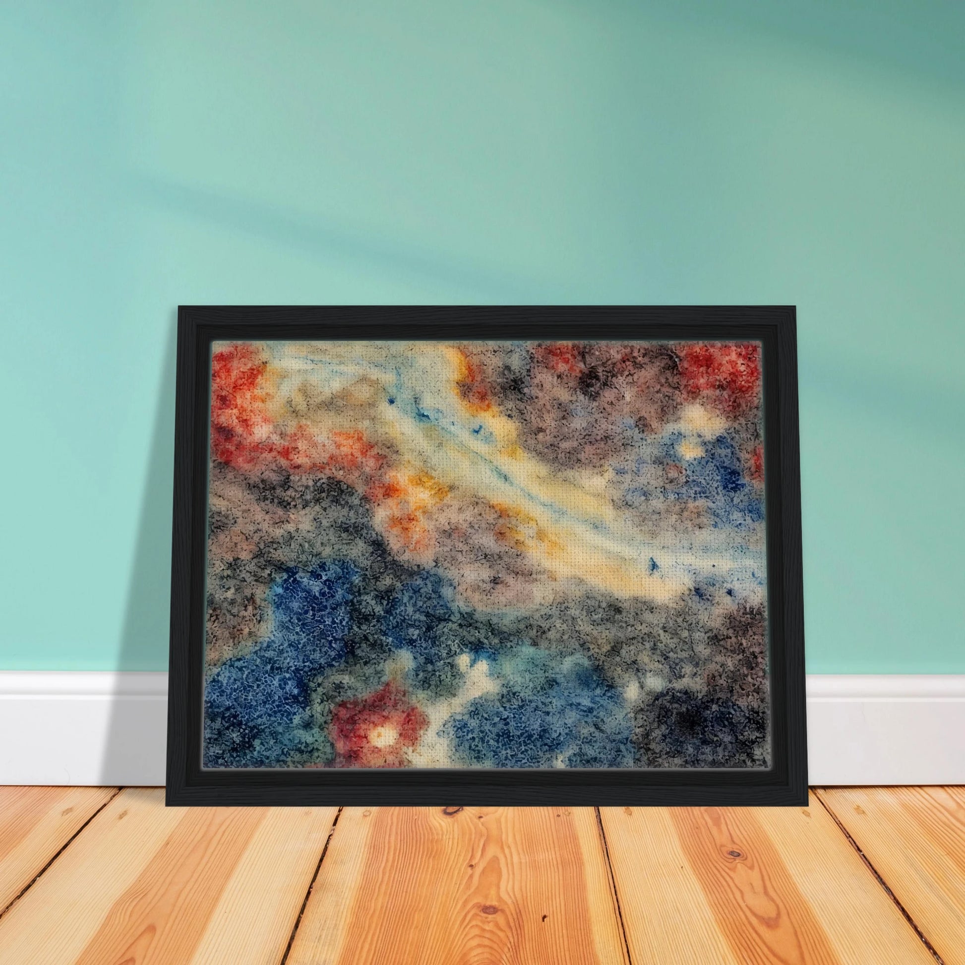 An abstract composition of swirling blue, gray, cream, and crimson textures resembling a distant nebula or galaxy, with organic patterns and flowing celestial forms.