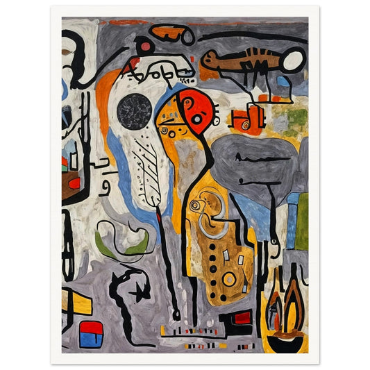An abstract composition with bold black lines and vibrant splashes of red, yellow, orange, and blue, creating a sense of chaotic energy and surreal figures.