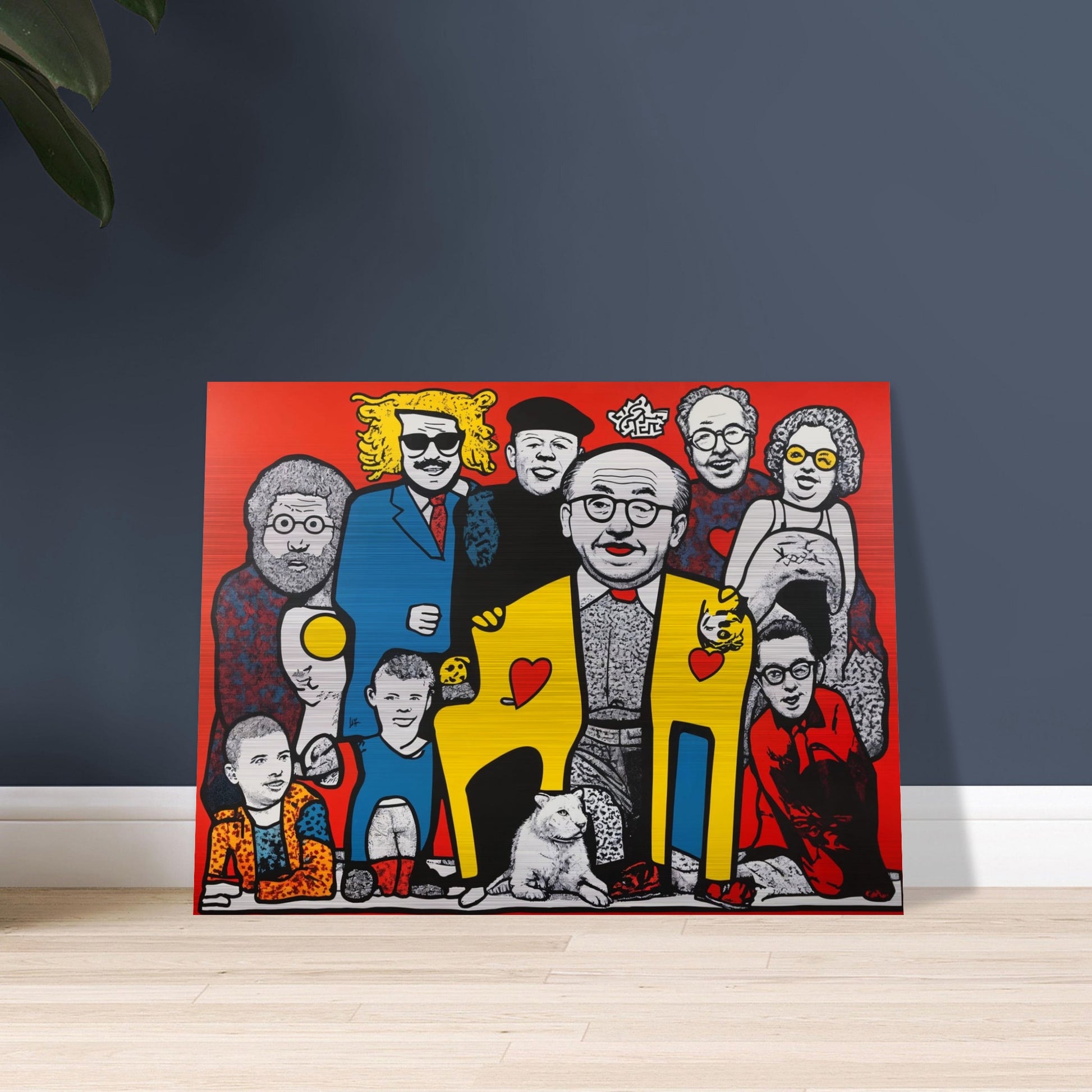 A vibrant pop-art style painting of a diverse group of people, featuring bold colors, stylized figures, and heart motifs on a red background.