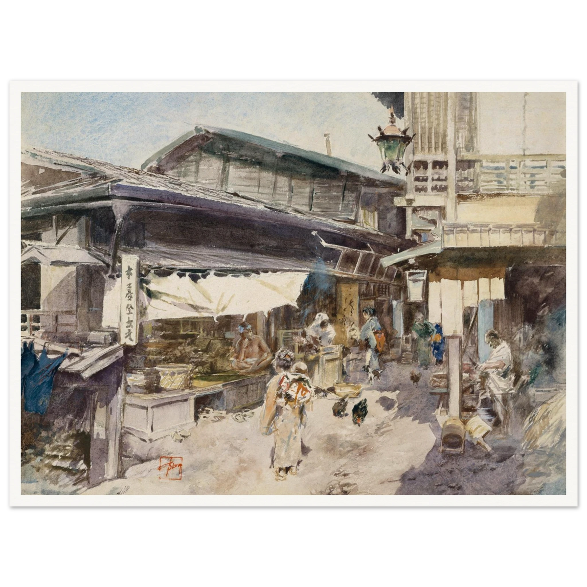 A lively Japanese street scene with shops, lantern, people, and chickens in soft watercolor.