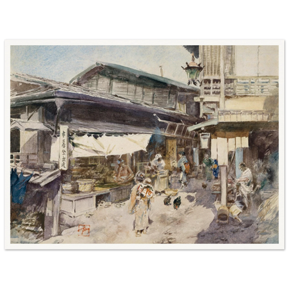 A lively Japanese street scene with shops, lantern, people, and chickens in soft watercolor.
