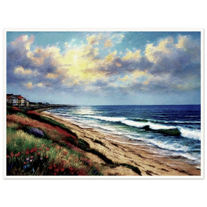 A serene painting of a beach at sunset, with gentle waves rolling onto the sand, vibrant grasses, and houses along the distant coastline.