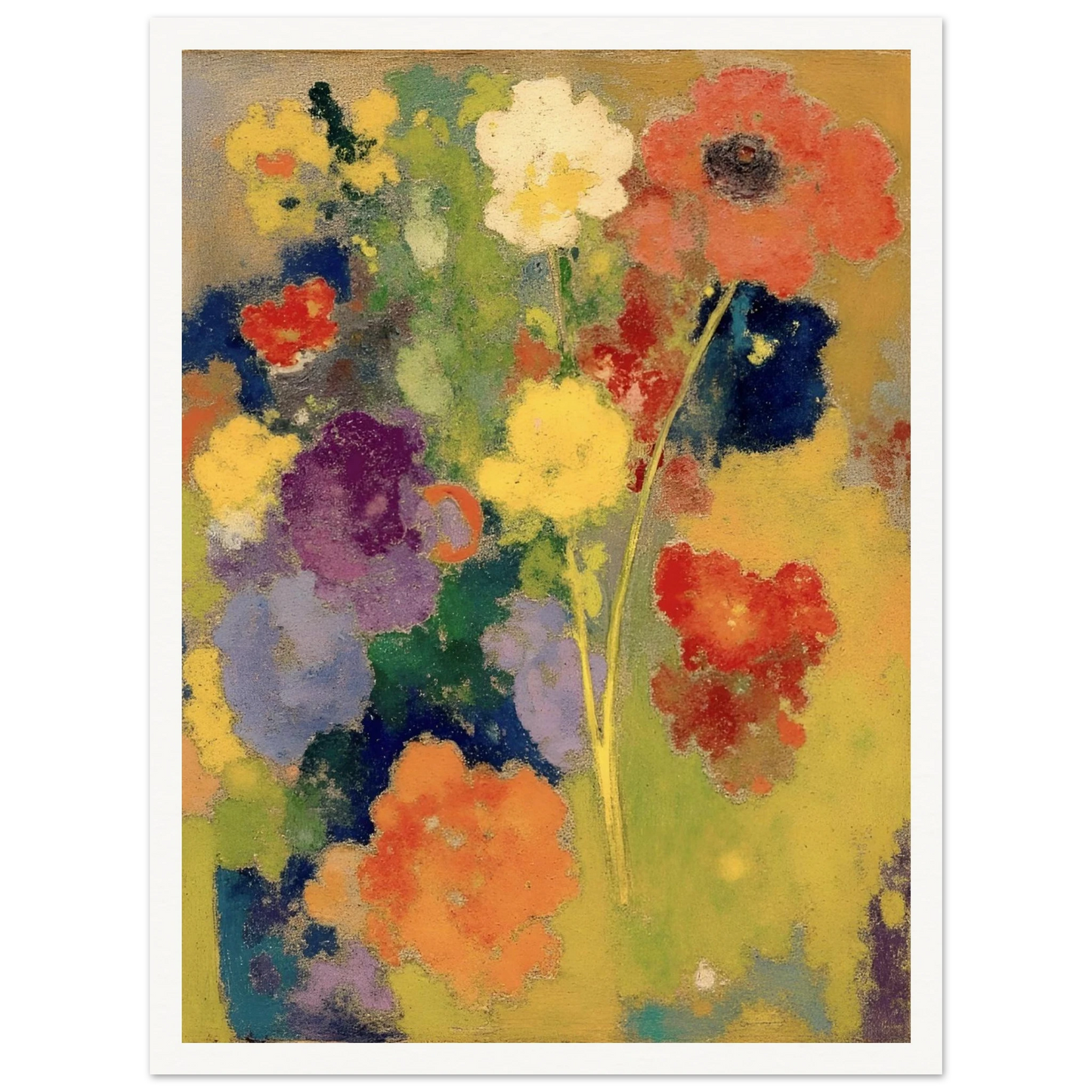 Soft garden flowers in red, white, yellow, purple, and orange bloom against a warm golden field.