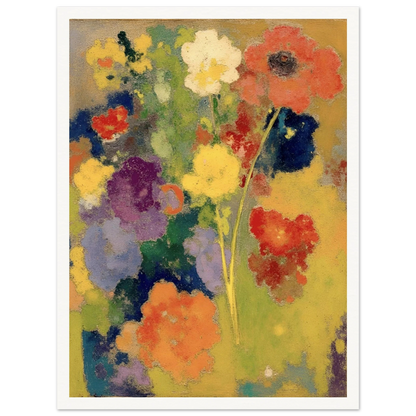 Soft garden flowers in red, white, yellow, purple, and orange bloom against a warm golden field.
