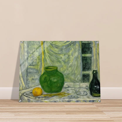 A still life painting featuring a green vase and bottle, alongside an orange on a draped table, set against a softly textured background.