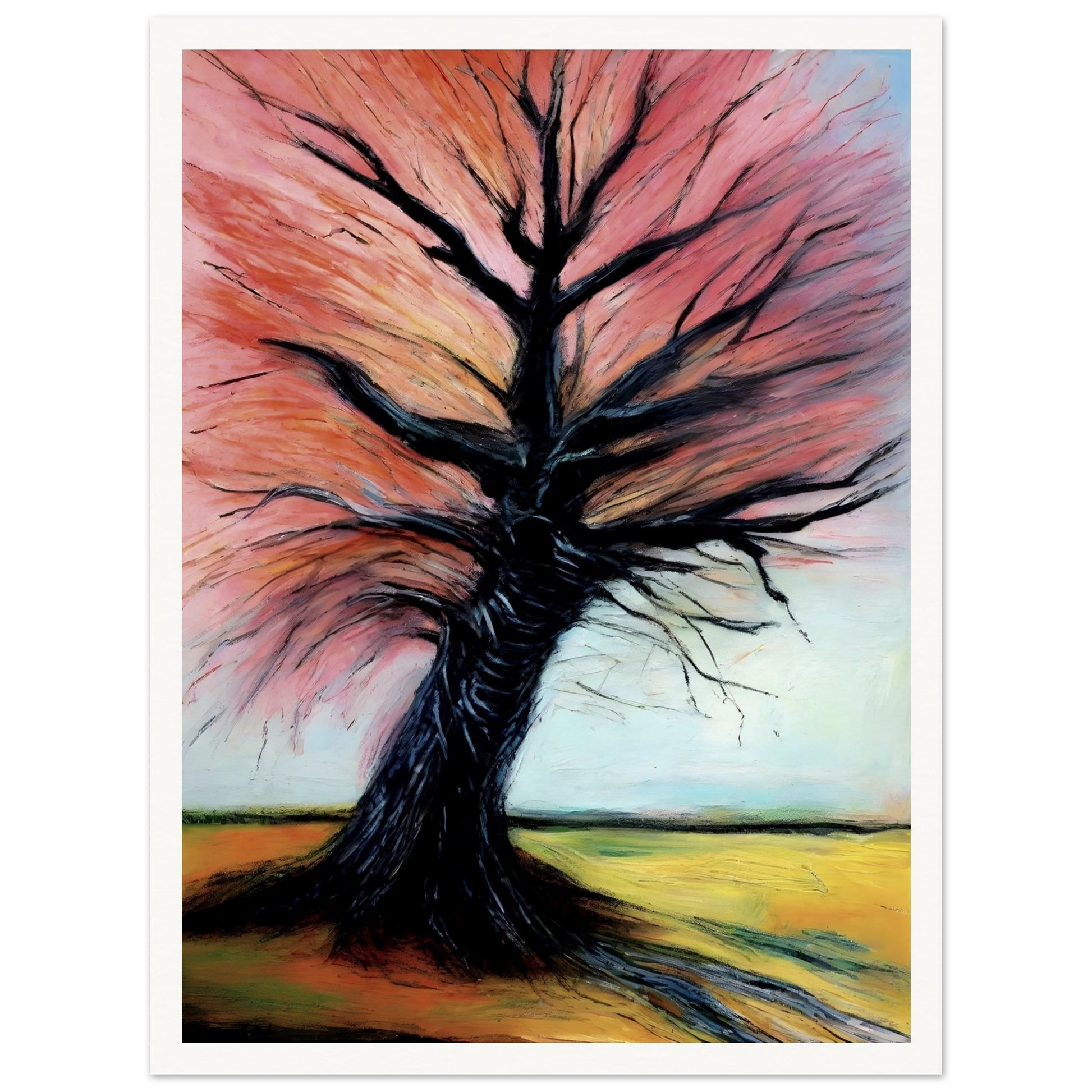 A captivating painting of a twisted tree with dark branches and vibrant pink and orange leaves, set against a serene countryside.