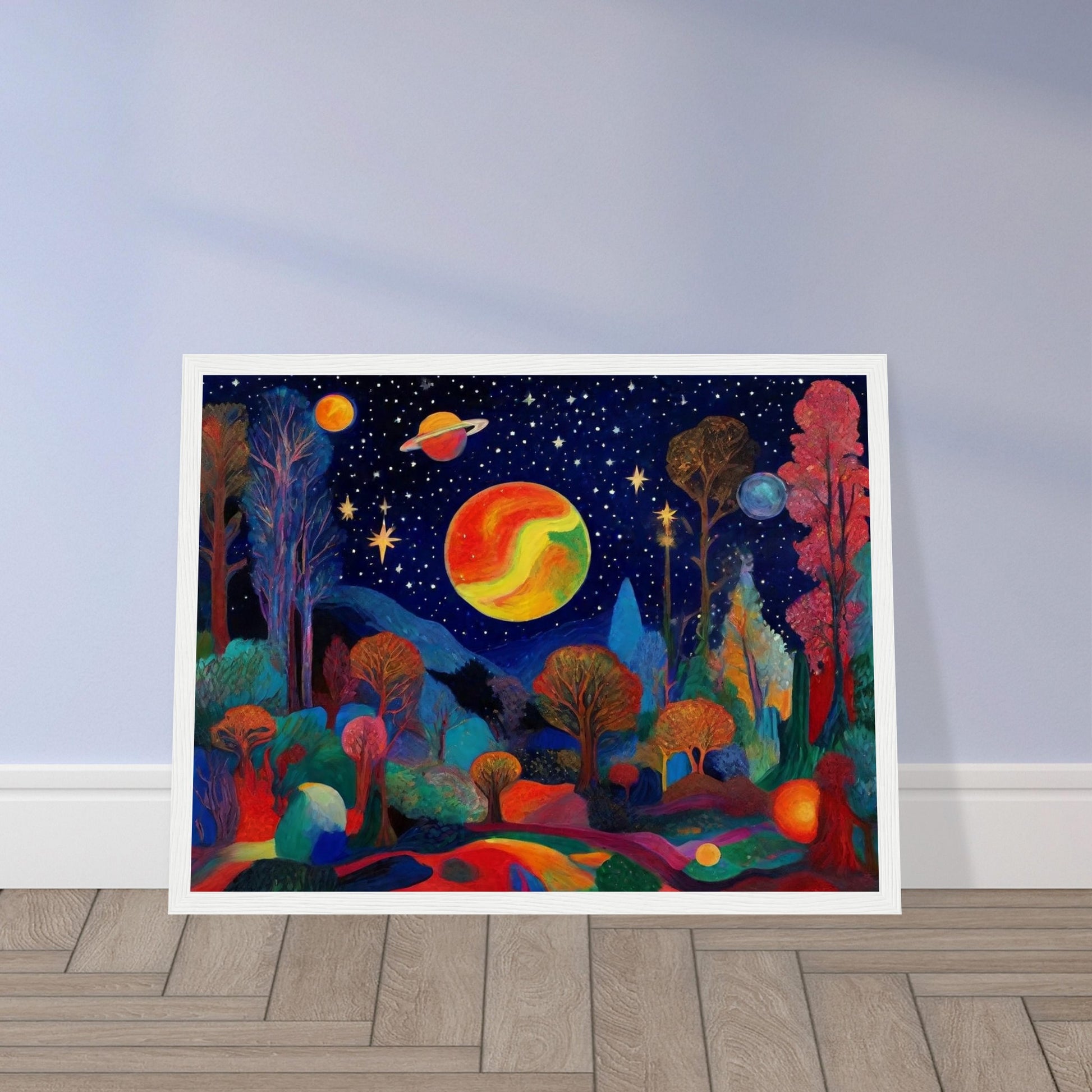 A vibrant landscape featuring trees and planets under a starry sky, with bold, bright colors creating a surreal cosmic scene.