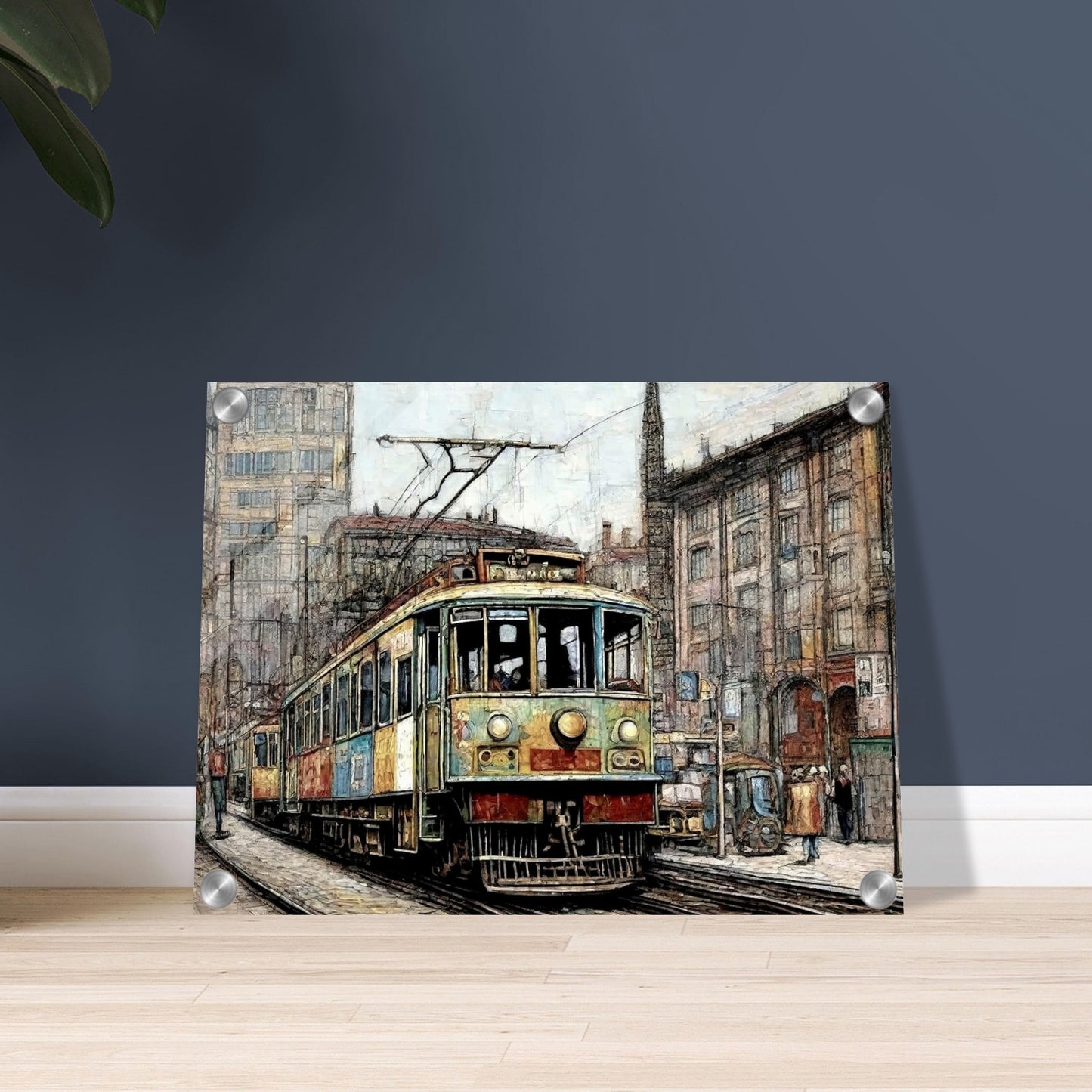 "A detailed painting of a vintage tram traveling through a bustling city street, surrounded by old buildings and a busy urban environment, evoking a nostalgic feel."