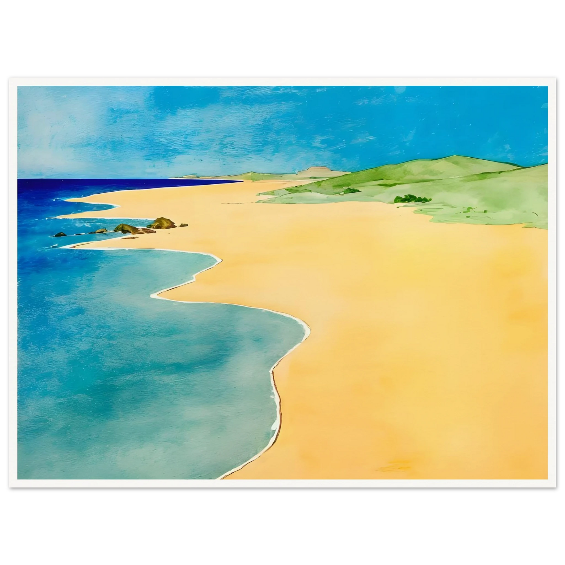 A calm beach scene with golden sand, turquoise waves, and green hills under a bright blue summer sky.