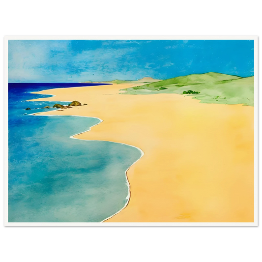 A calm beach scene with golden sand, turquoise waves, and green hills under a bright blue summer sky.