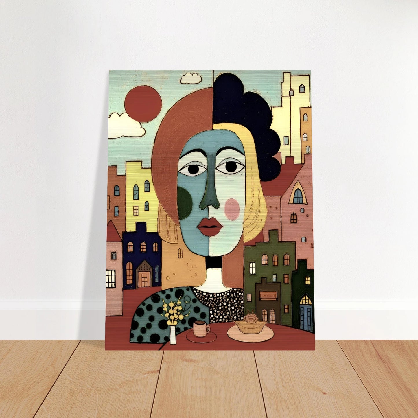 A cubist portrait of a woman at a café table with coffee and pastry, set against a pastel-colored cityscape and warm red sun.