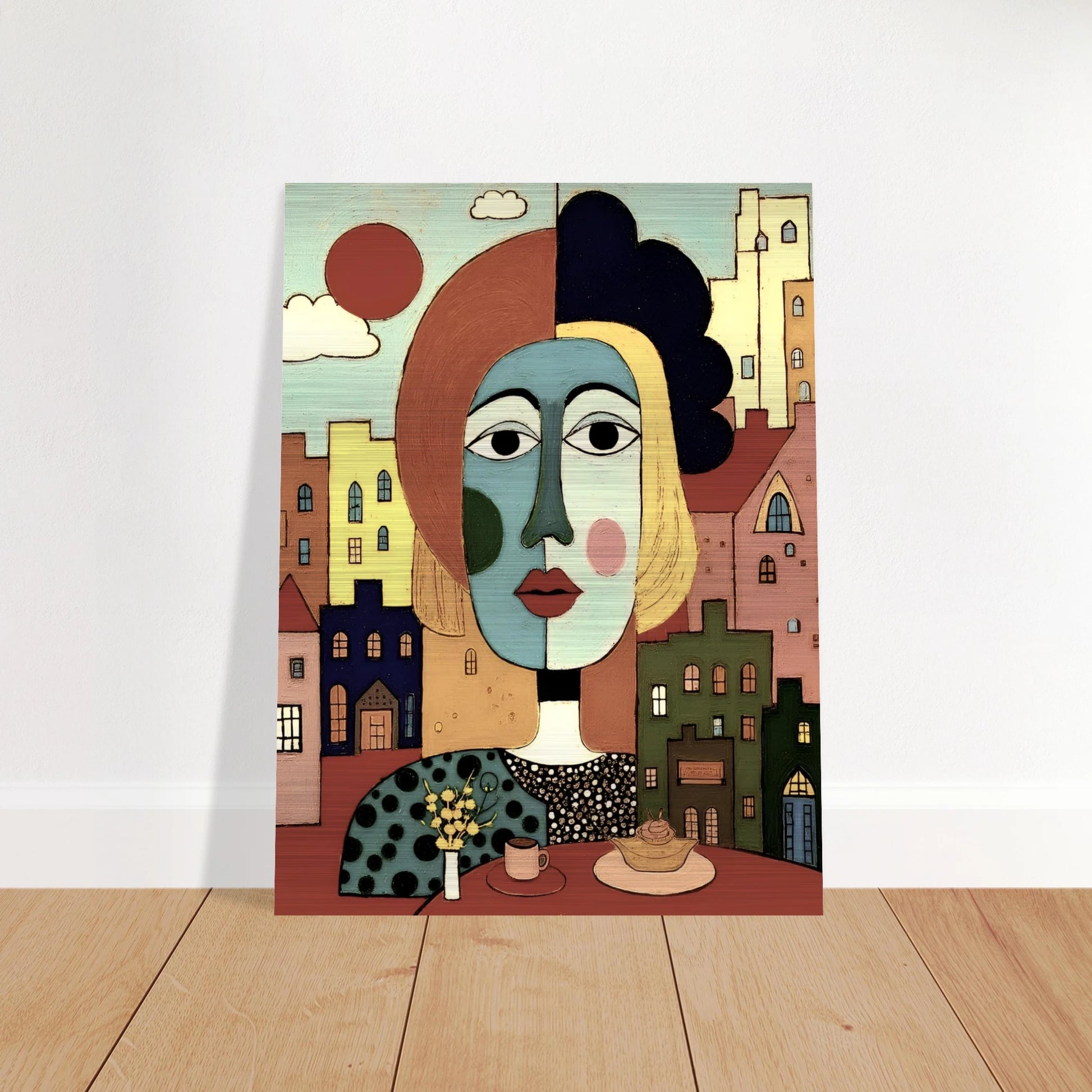 A cubist portrait of a woman at a café table with coffee and pastry, set against a pastel-colored cityscape and warm red sun.