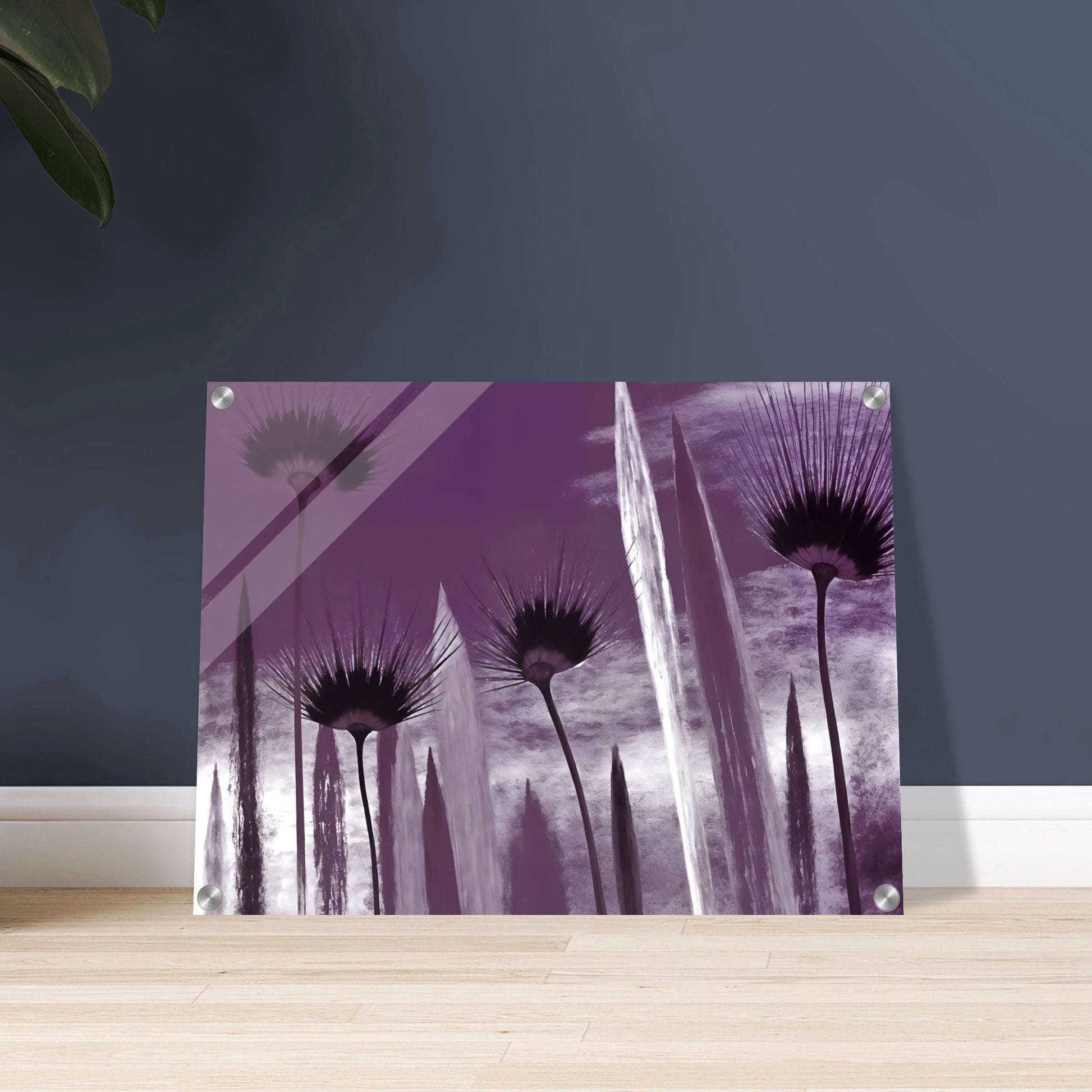 Tall spiky flowers in dark violet silhouettes reach upward against a cloudy lavender sky, evoking mystery and calm.