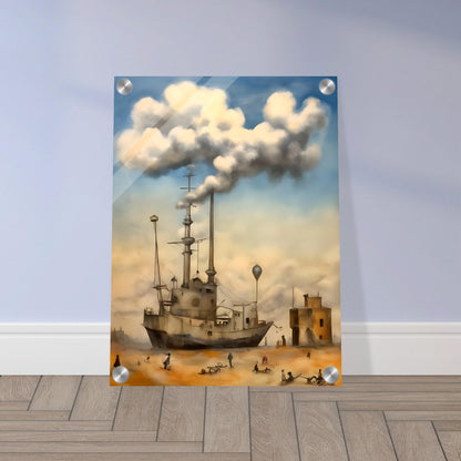 A surreal painting of a ship stranded in a desert, with smokestacks blending into massive, fluffy clouds, as small figures wander the sandy landscape beneath a dreamy sky.