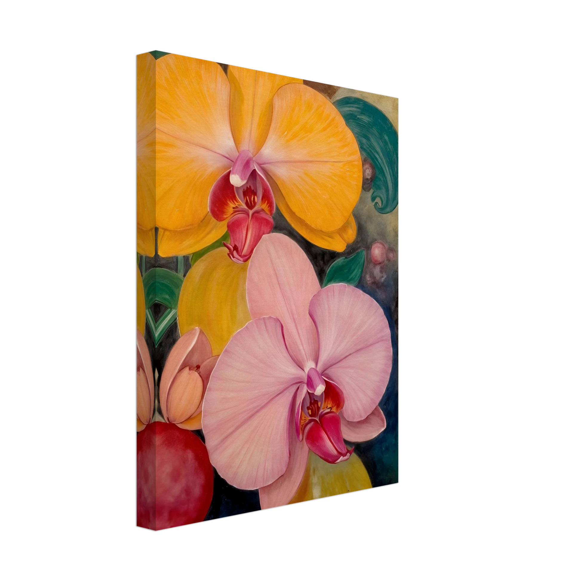 A vibrant floral painting featuring large blooming orchids in shades of golden yellow and soft blush pink, with rich magenta centers set against a dark, decorative background with lush green accents.