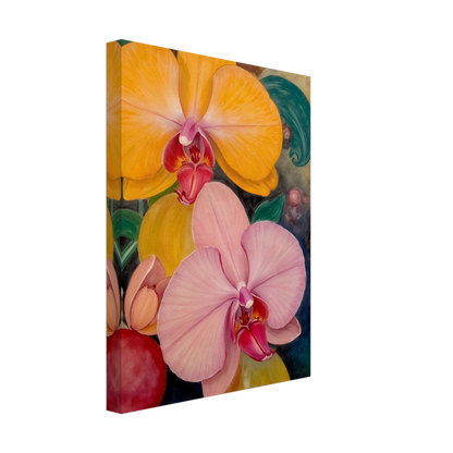 A vibrant floral painting featuring large blooming orchids in shades of golden yellow and soft blush pink, with rich magenta centers set against a dark, decorative background with lush green accents.