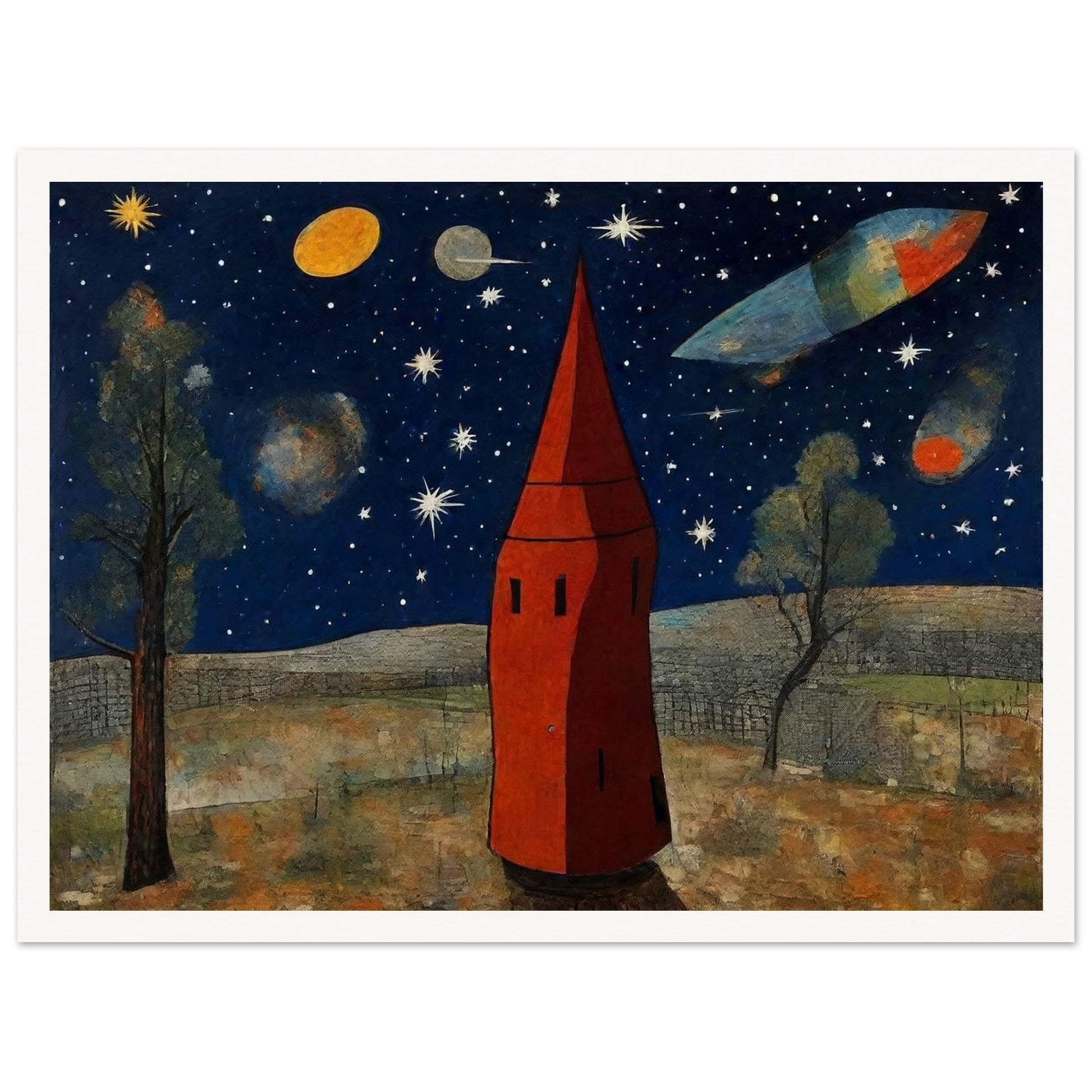 Whimsical scene of a red tower under a starry sky, with planets and a spaceship flying in a cosmic landscape surrounded by trees.