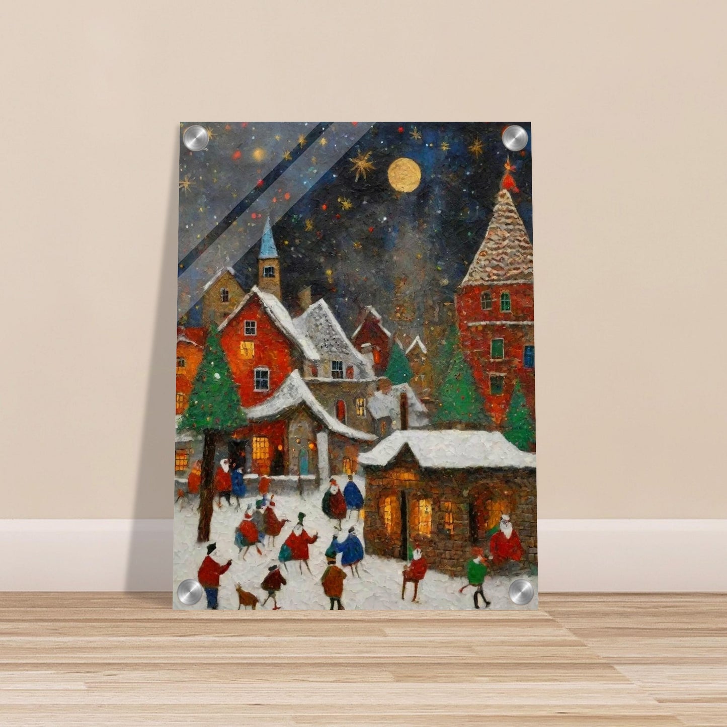 A cozy village at night, illuminated by a golden moon and stars, with snow-covered rooftops, evergreen trees, and people enjoying festive activities.