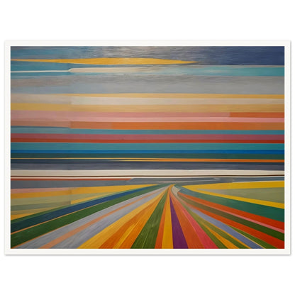 Abstract painting featuring horizontal bands of various colors, resembling a vibrant horizon and colorful road leading into the distance.