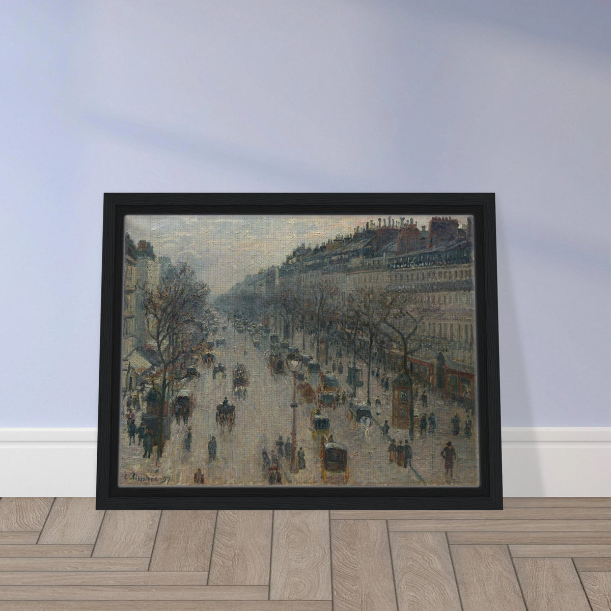 A busy Paris boulevard with carriages, figures, bare trees, and gray winter light.