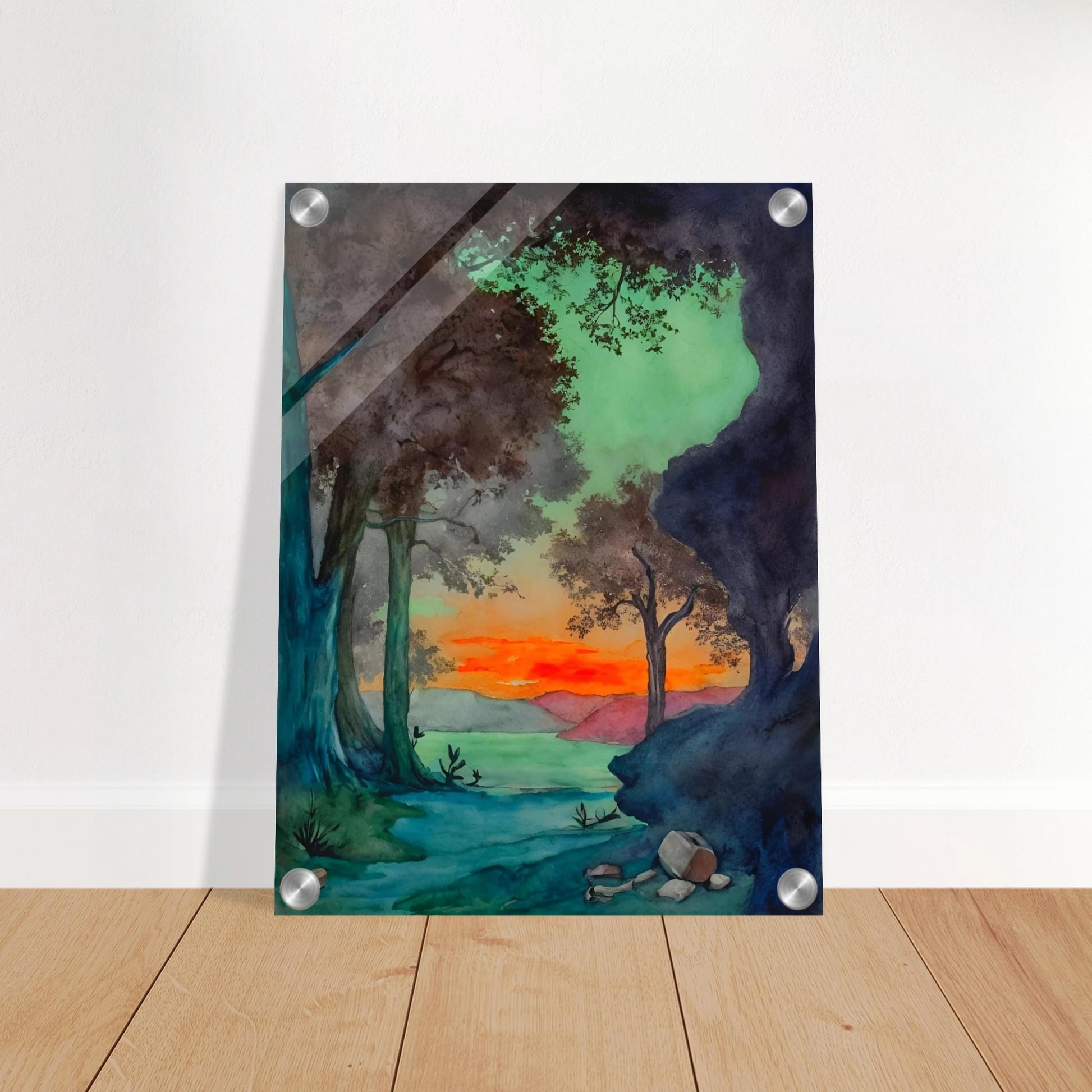 Sunset glows behind a forest clearing and mountain lake, framed by dark trees and vivid green and blue shadows.