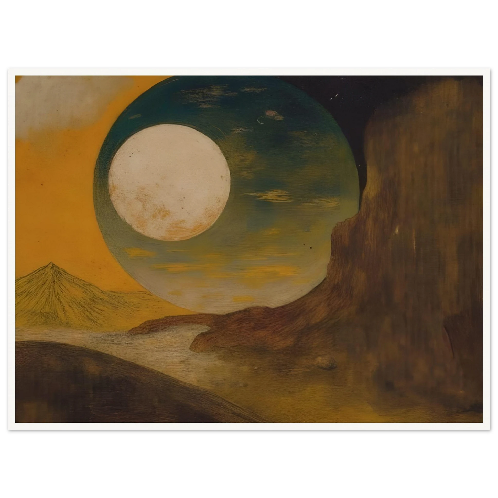 A glowing moon rises over desert cliffs, golden sky, distant pyramid, and shadowed hills.