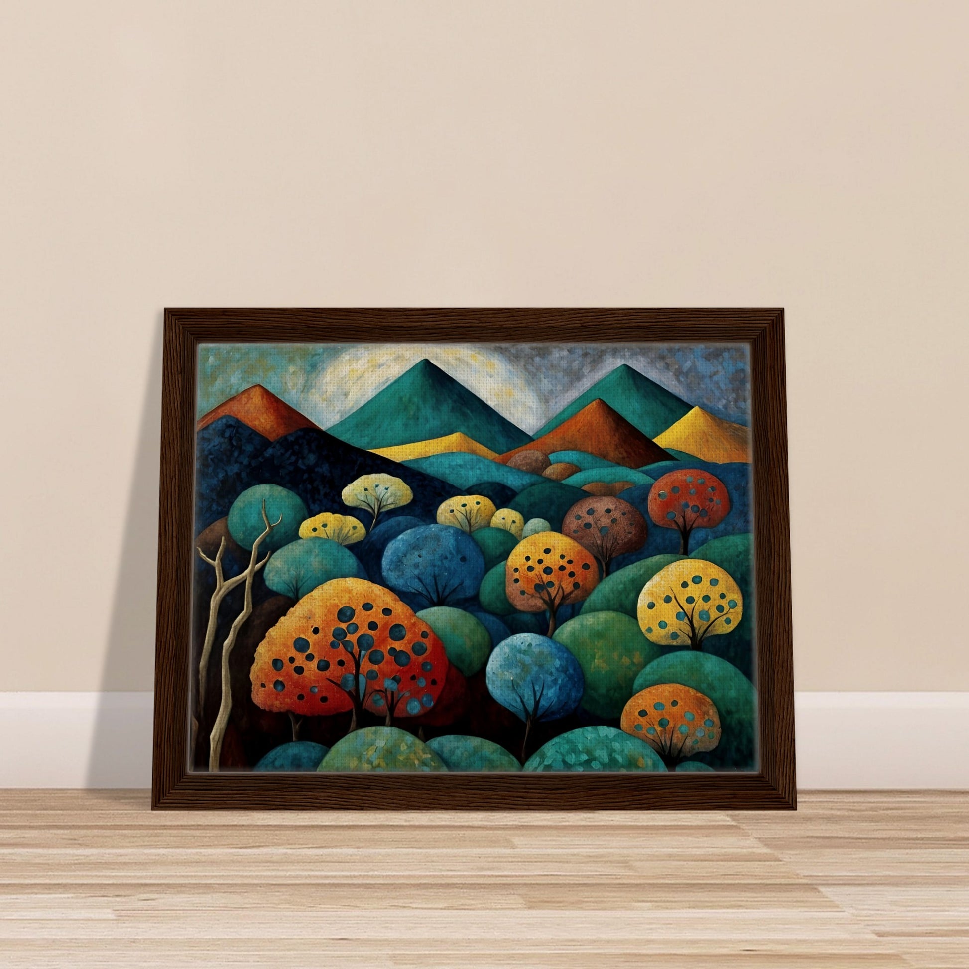 A surreal landscape painting of a lush valley filled with vibrantly colored trees in shades of blue, orange, yellow, and green, with layered mountains in the background under a cloudy sky.