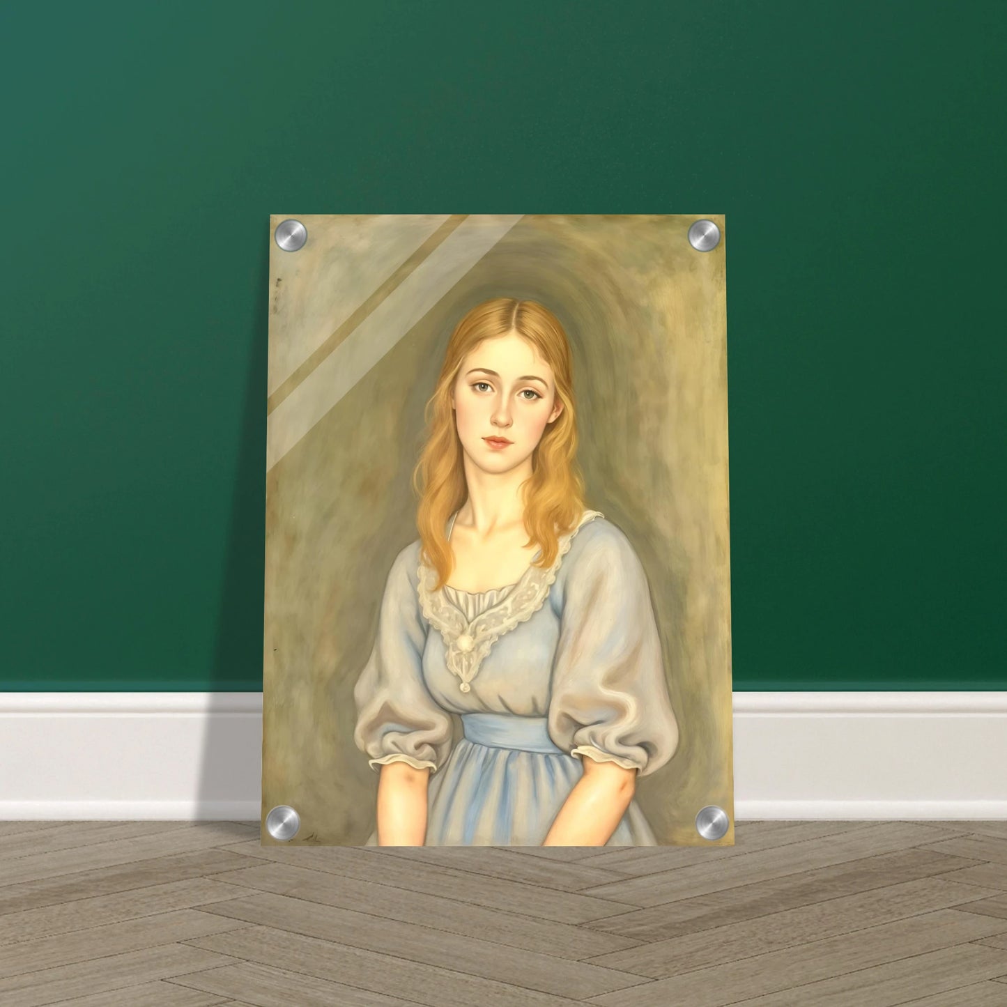 A serene young woman with flowing blonde hair and a pale blue dress gazes softly forward against a muted olive-toned background.
