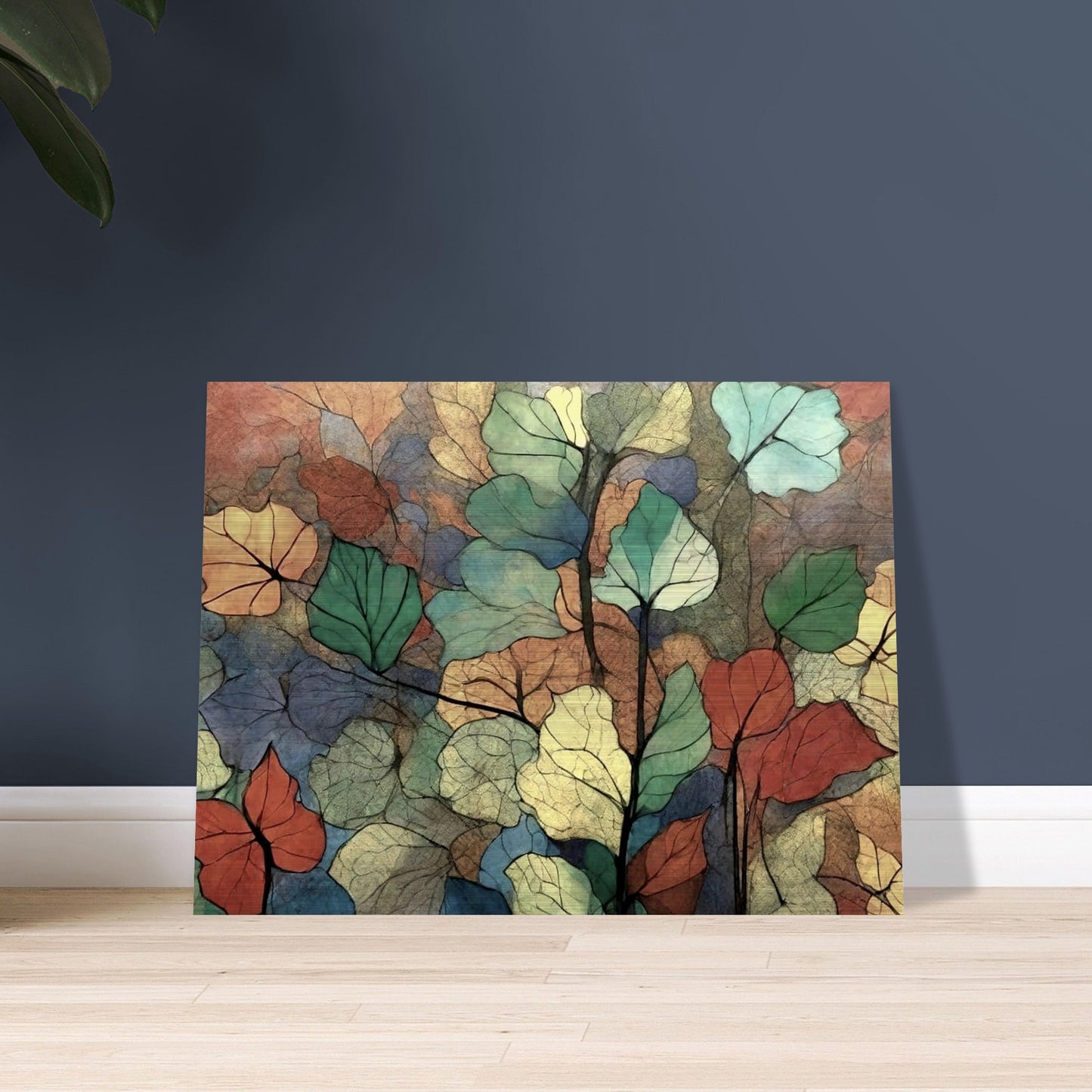 A colorful composition of overlapping leaves in shades of green, yellow, orange, and blue, creating a delicate and textured pattern that evokes the beauty of nature.