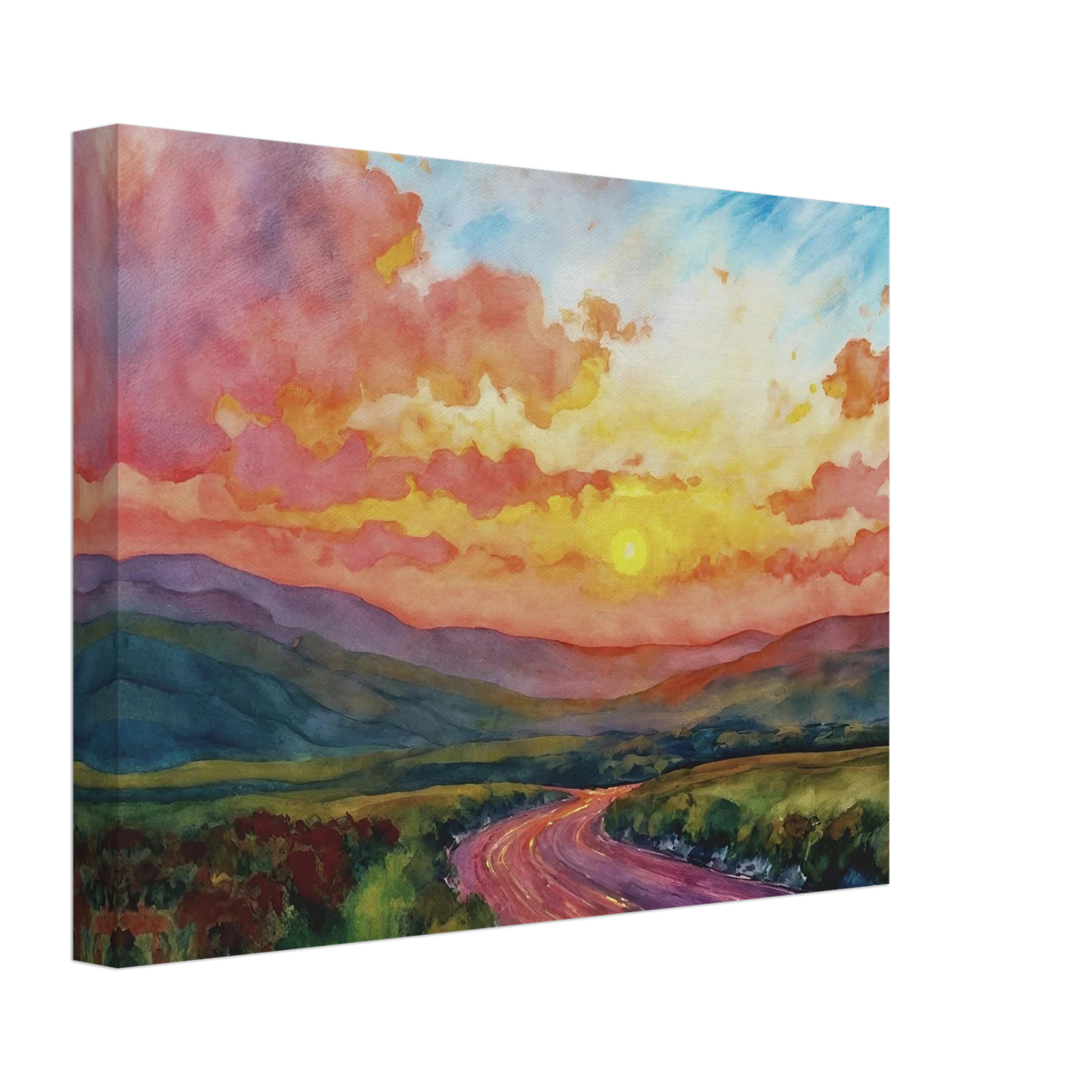 Vibrant watercolor landscape of a winding road through rolling hills beneath a glowing sunset sky filled with pink, gold, and blue clouds.