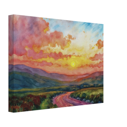 Vibrant watercolor landscape of a winding road through rolling hills beneath a glowing sunset sky filled with pink, gold, and blue clouds.