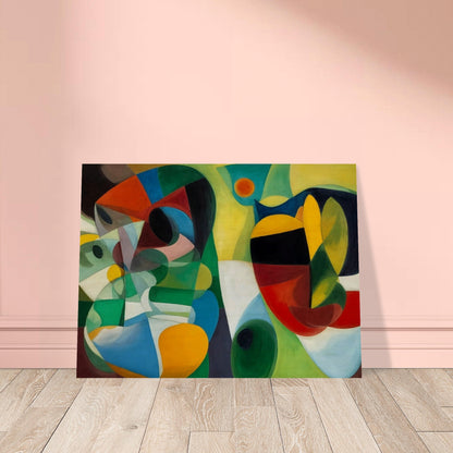 An abstract painting with vibrant, swirling shapes and colors creating a dynamic and whimsical composition.