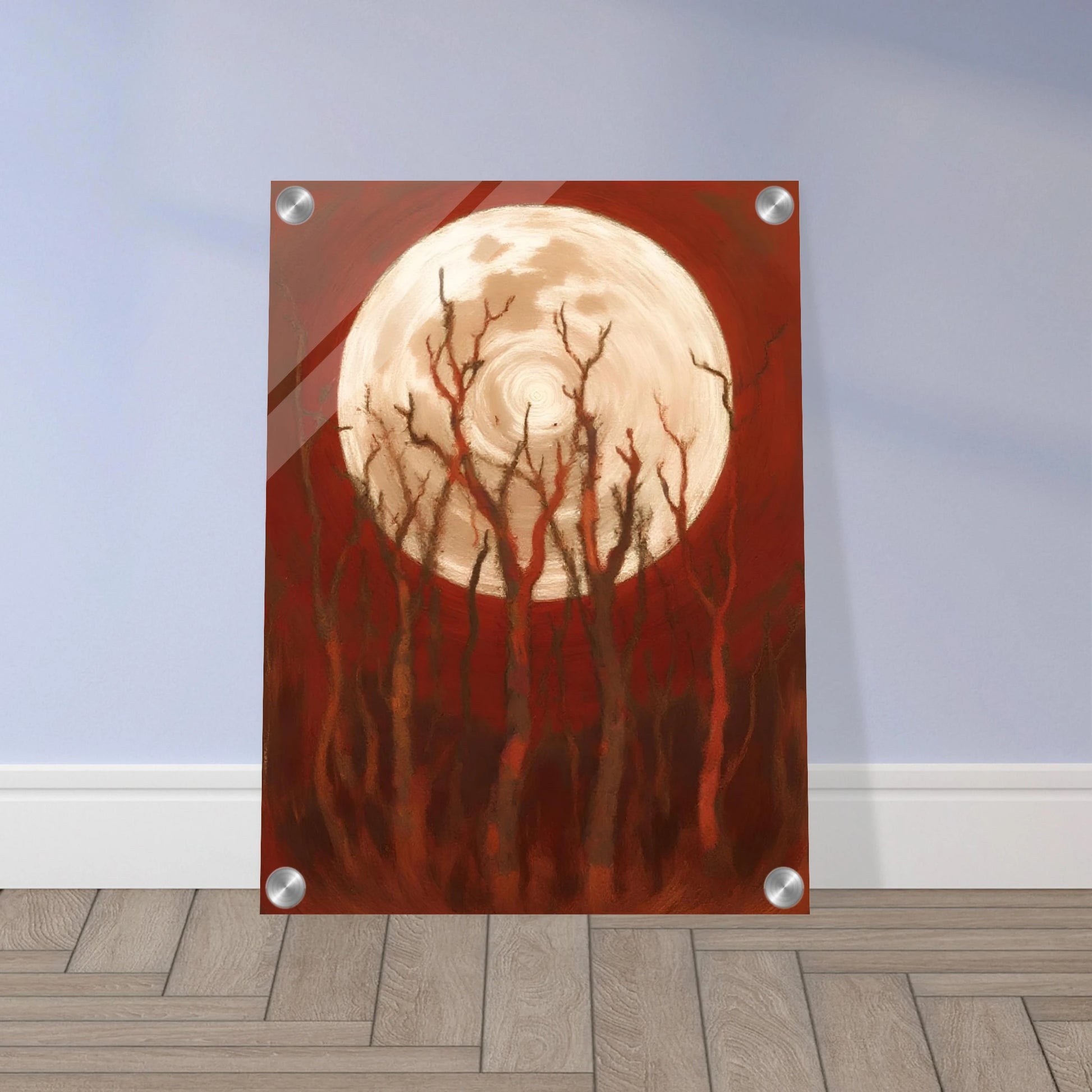 A glowing full moon rises behind twisted, leafless trees against a deep crimson sky, casting an eerie yet powerful atmosphere.