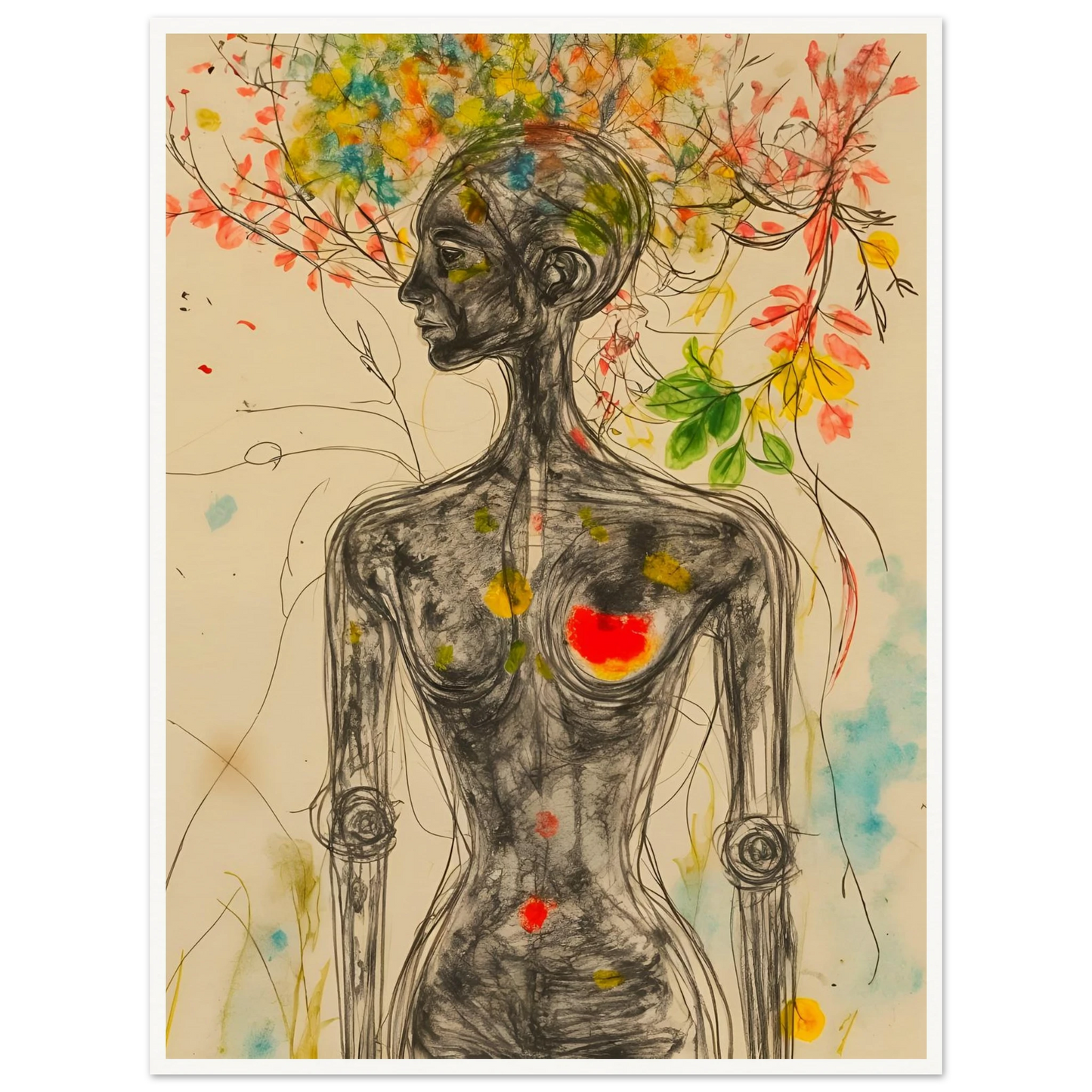 A sketched feminine figure with blooming branches and flowers rising from her head, accented by vivid splashes of color and a glowing heart.