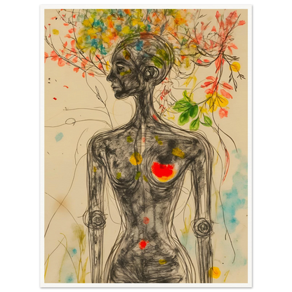 A sketched feminine figure with blooming branches and flowers rising from her head, accented by vivid splashes of color and a glowing heart.
