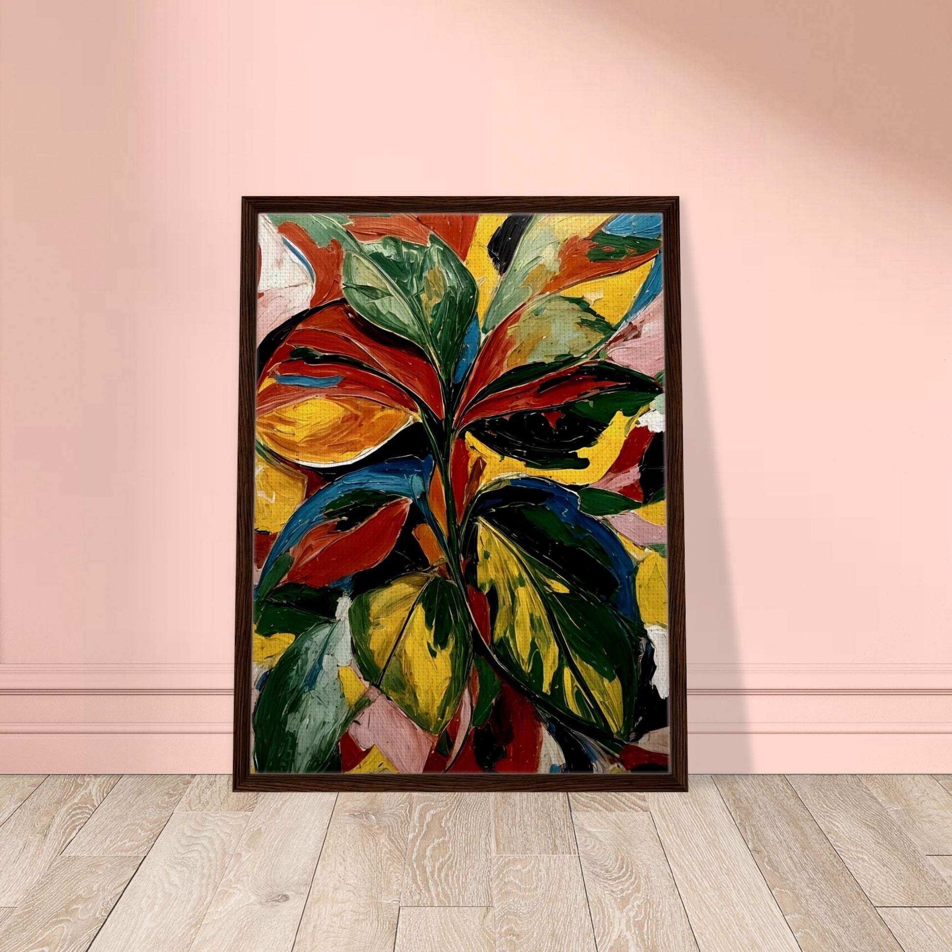 A bold and textured painting of vibrant leaves in dynamic shades of green, red, yellow, and orange, set against an abstract colorful background.