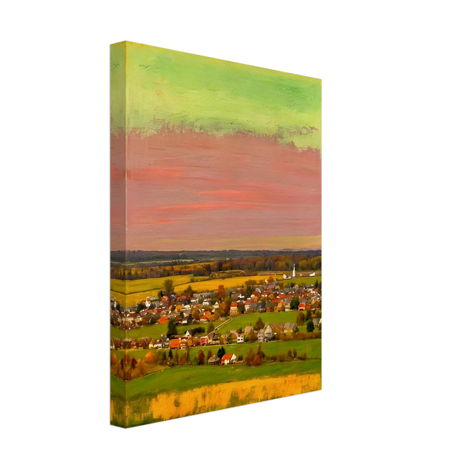 Sunset-lit village landscape with vivid pink, green, and yellow skies over fields and houses.