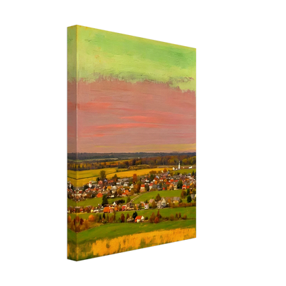 Sunset-lit village landscape with vivid pink, green, and yellow skies over fields and houses.