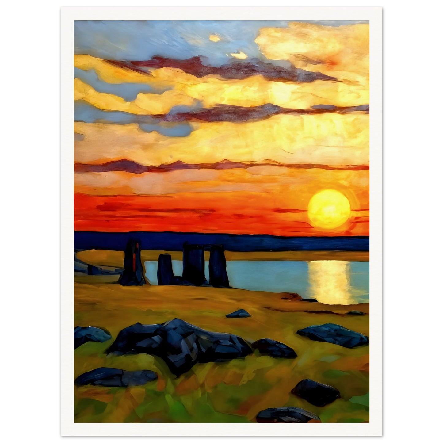 Captivating artwork of a vibrant sunset over a mysterious stone circle, with vivid orange skies and serene reflections on water.