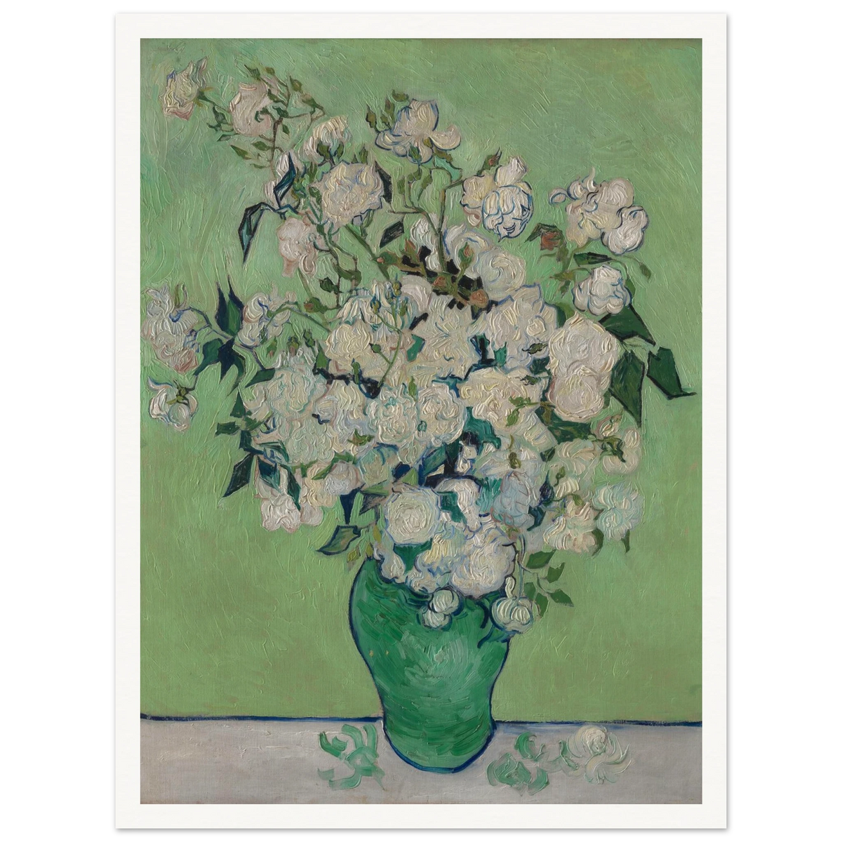 White roses bloom in a green vase against a pale green background with thick brushwork.