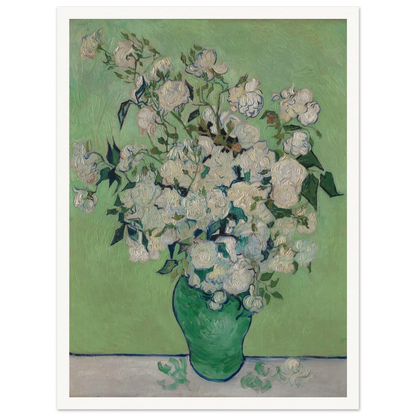 White roses bloom in a green vase against a pale green background with thick brushwork.