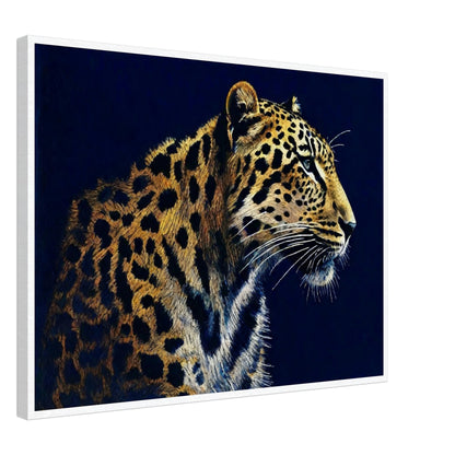 A detailed painting of a leopard against a dark background, showcasing its beautiful spotted coat and intense gaze.