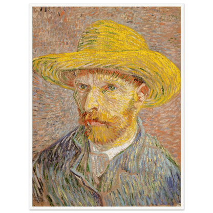 Van Gogh self-portrait in a yellow straw hat, blue jacket, and textured pastel strokes.