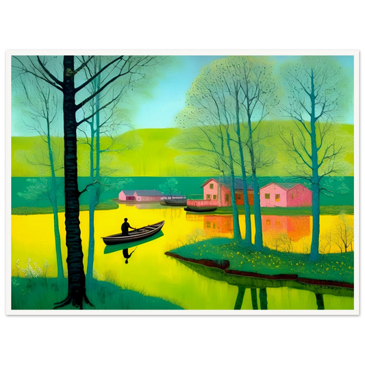A lone figure rows a boat on a glowing lake near pastel-colored cottages and slender trees under a dreamy turquoise sky.